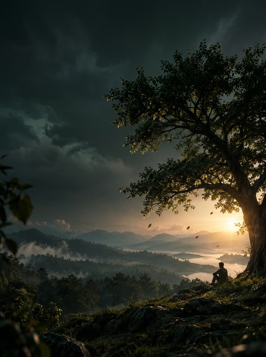 Contemplative figure sitting peacefully under a grand tree canopy overlooking a misty mountain valley and serene lake at sunrise